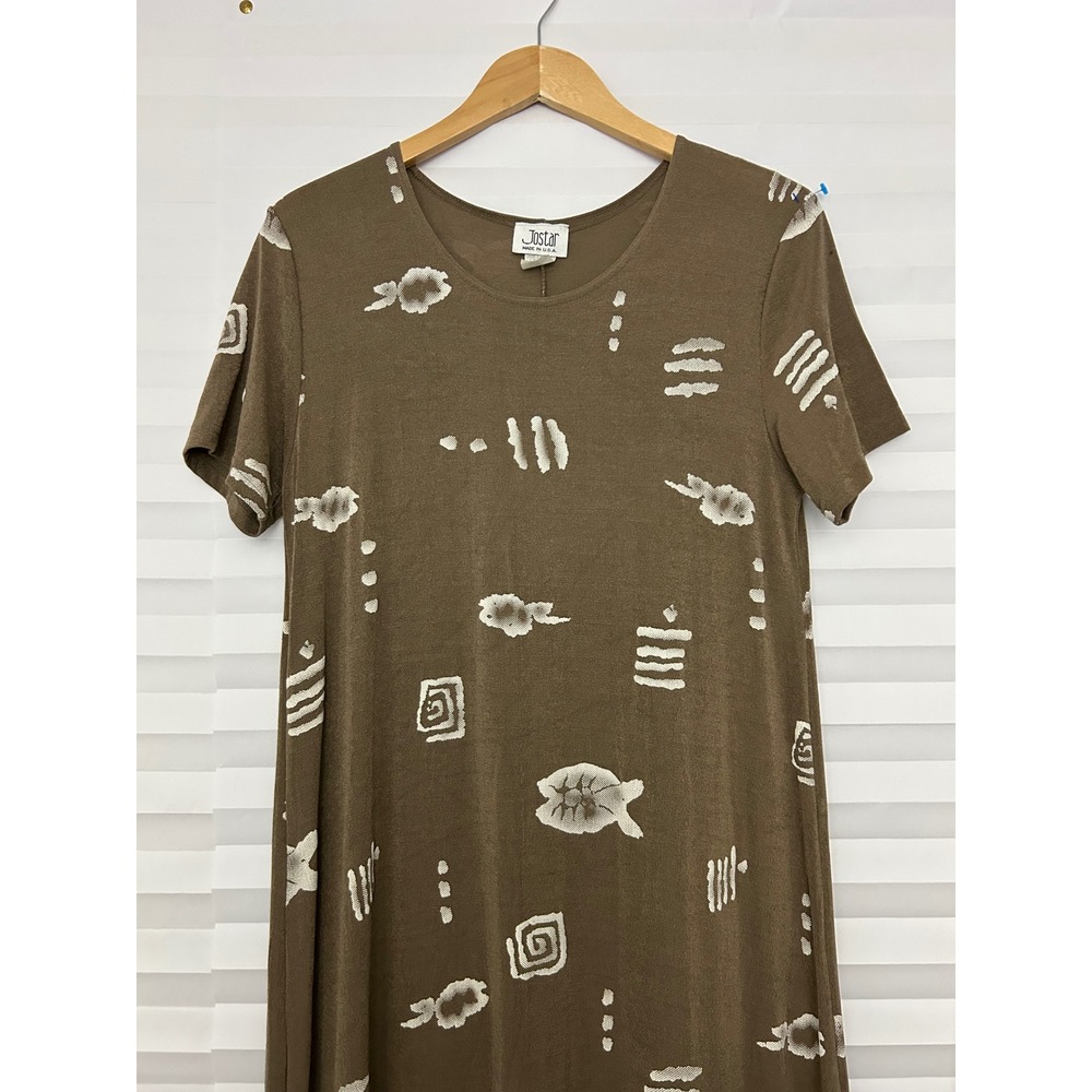 Jostar Vintage Brown Abstract Print Slinky Maxi Dress Womens L Short Sleeve USA - Picture 3 of 9